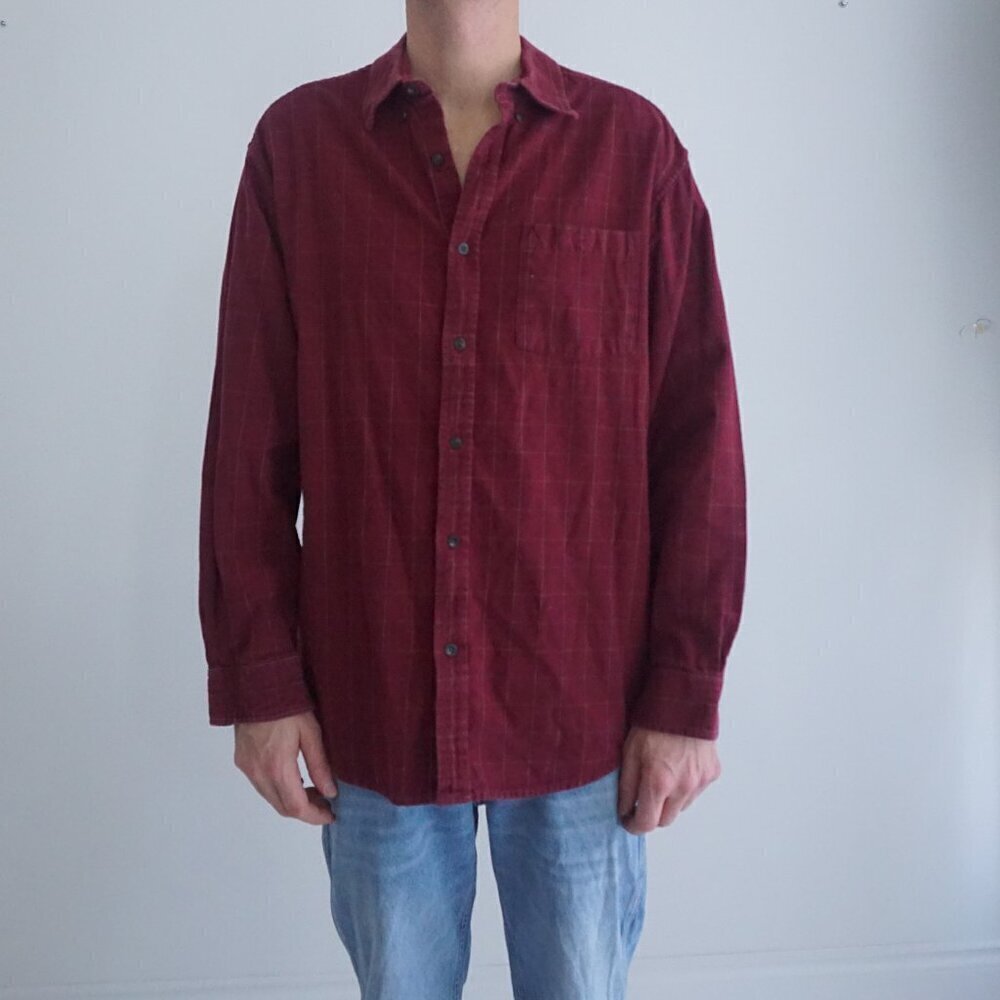 Vintage Retreat Maroon Checker Pattern 100% Cotton Button Down Dress Shirt L